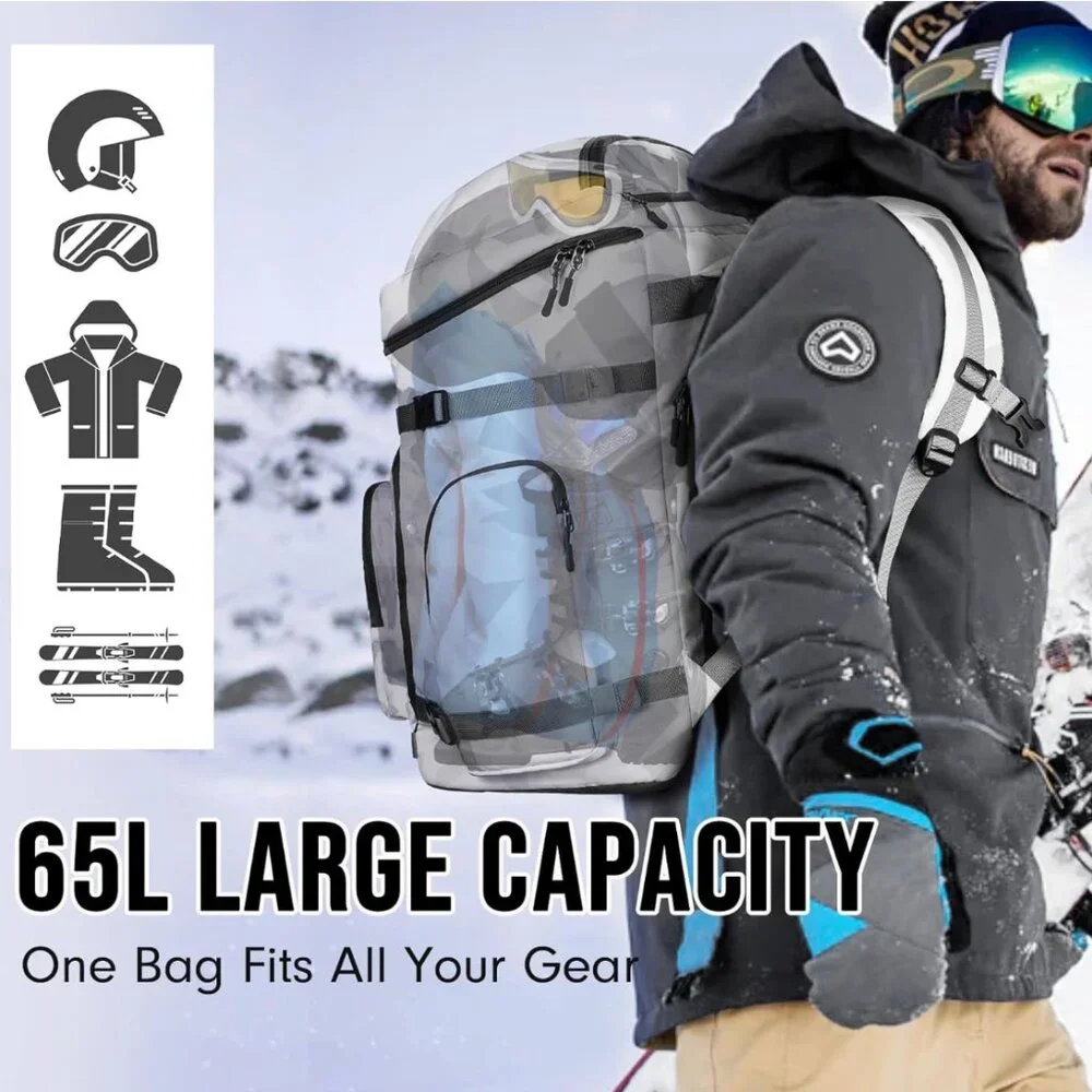 65L Ski Boot Bag Backpack – Waterproof Ski & Snowboard Gear Bag with 8 Pockets